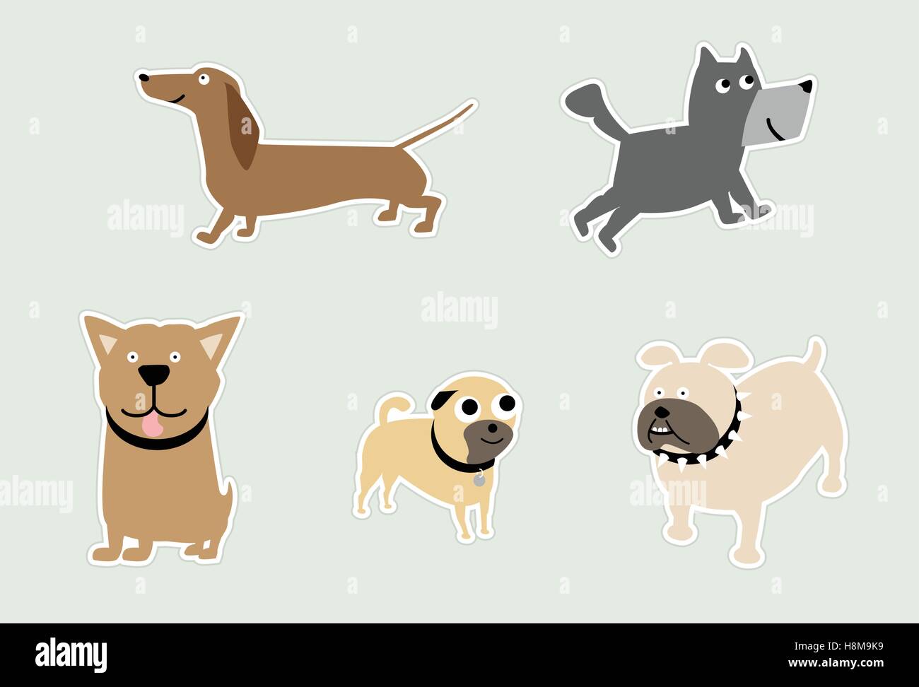 Fünf Rassen von Hunden als Aufkleber; Dackel, Pit-Bull, Bulldog, Mops und ein Terrier Stock Vektor