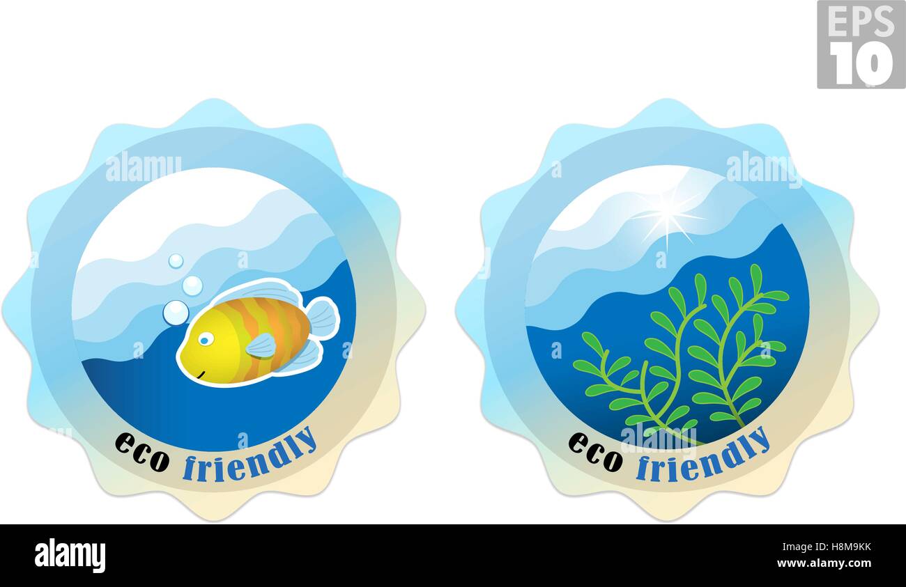 Öko-freundlich-Labels für Meerwasser, Fische, Algen, Leben im Meer Stock Vektor