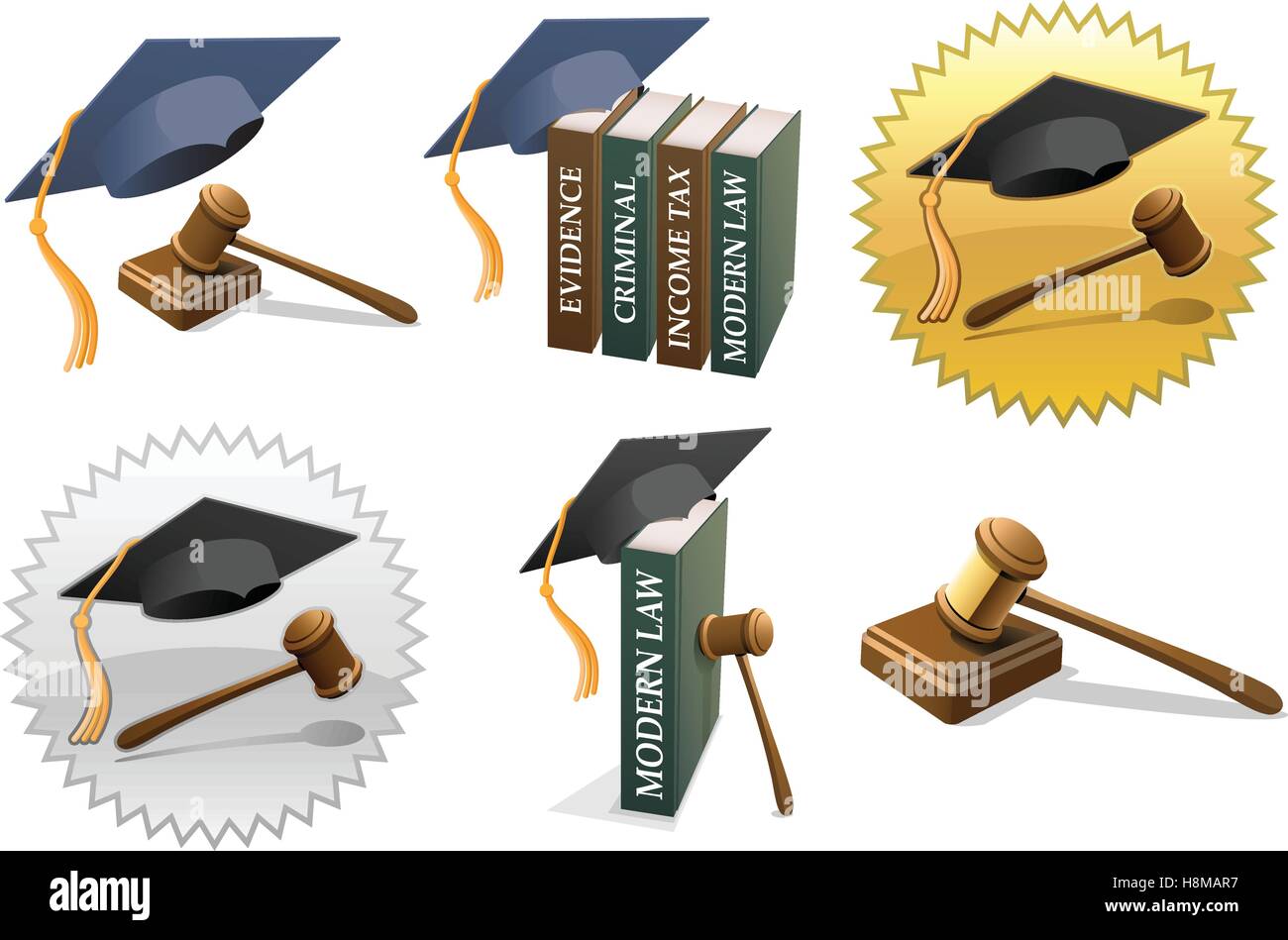 Recht Schule Bildung Symbole, einschließlich Hammer, soliden Block und Bücher Stock Vektor