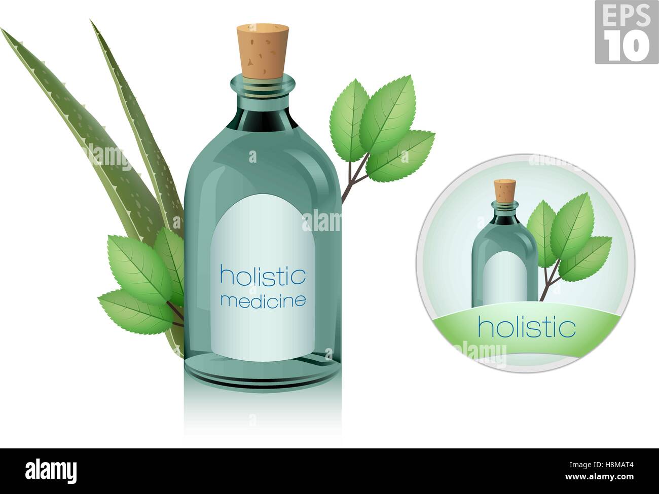 Glas-Medizin-Flaschen mit Korken, Aloe und Ginseng Pflanzen, ganzheitliche oder Alternativmedizin Stock Vektor