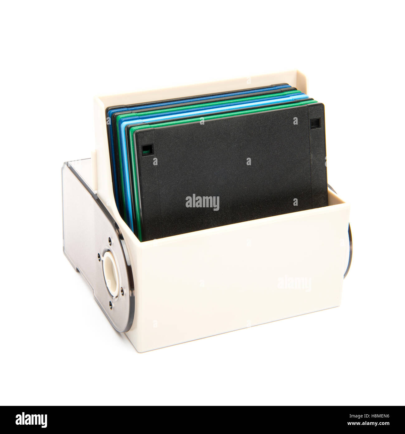 Isolierte Bild des Schrankes Diskette Veranstalter gefüllt mit Disketten Stockfoto