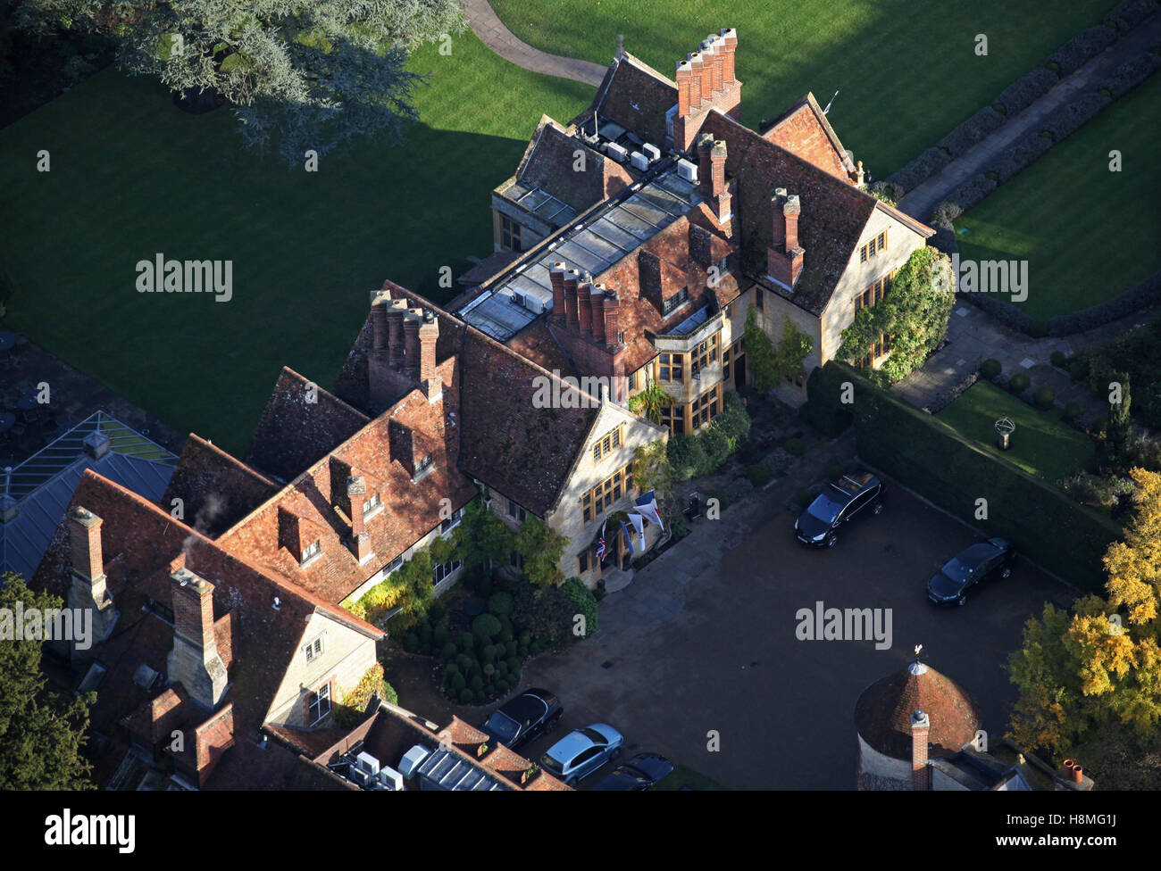 Luftaufnahme von The Belmond Le Manoir Aux Qaut'Saisons-Restaurant-Hotel in der Nähe von Oxford, UK Stockfoto