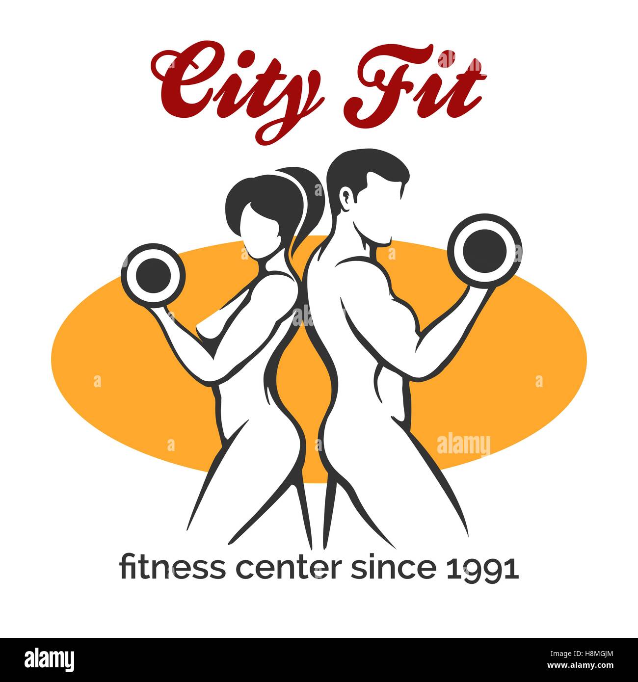 Mann und Frau mit Hanteln. Design-Vorlage Fitnessstudio oder Fitness-Center. Vektor-illustration Stock Vektor