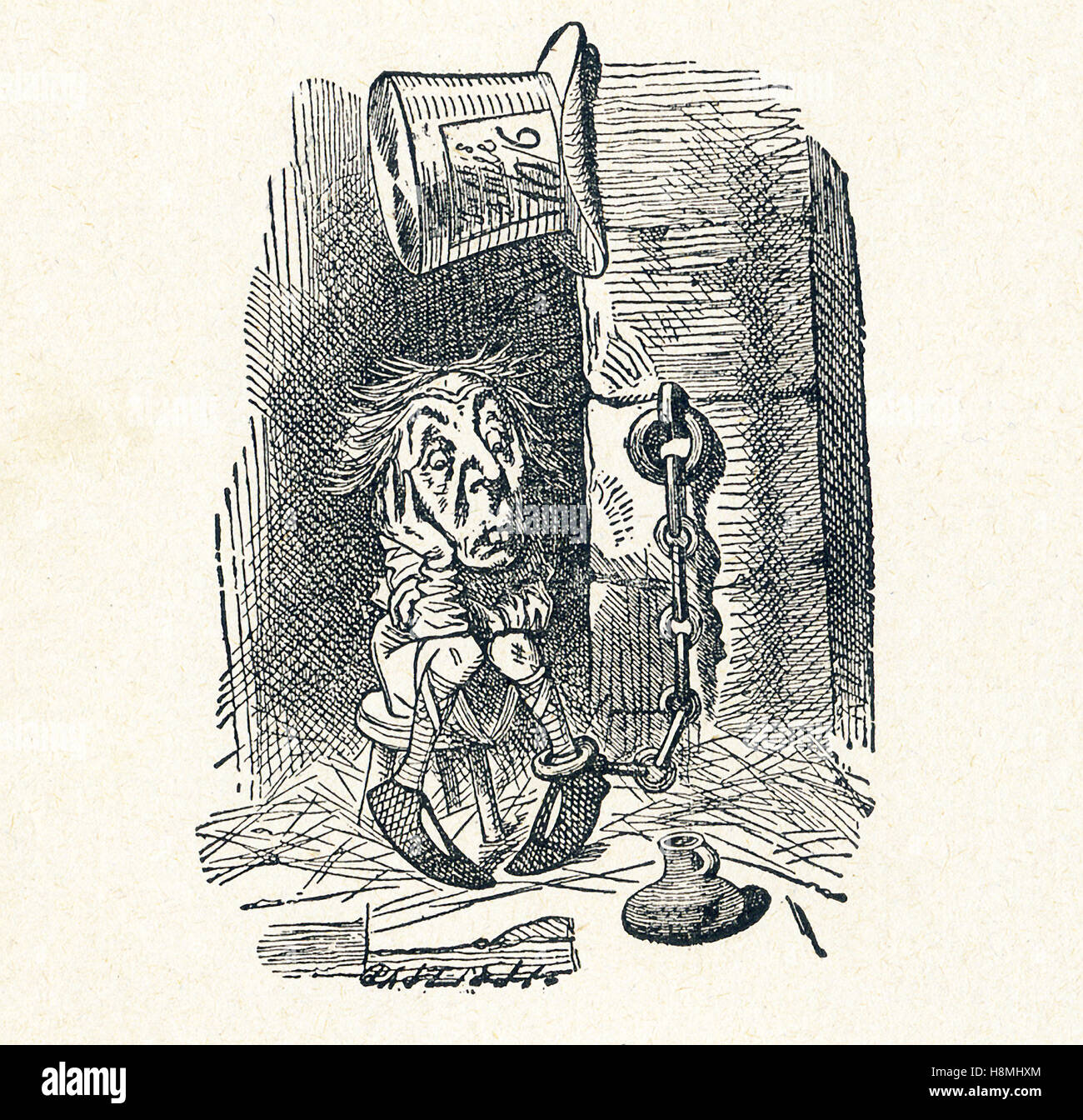 Dies ist eine Szene aus was Alice sah, einmal ging es durch den Spiegel und in den Spiegel-Raum in Carrolls "Through the Looking Glass." Hier sehen Sie des weißen Königs Gesandten im Gefängnis warten auf Ihren Prozess. Lewis Carroll (Charles Lutwidge Dodgson) schrieb den Roman "Through the Looking-Glass und was Alice fand es" im Jahre 1871 als Fortsetzung zu "Alices Abenteuer im Wunderland." Stockfoto