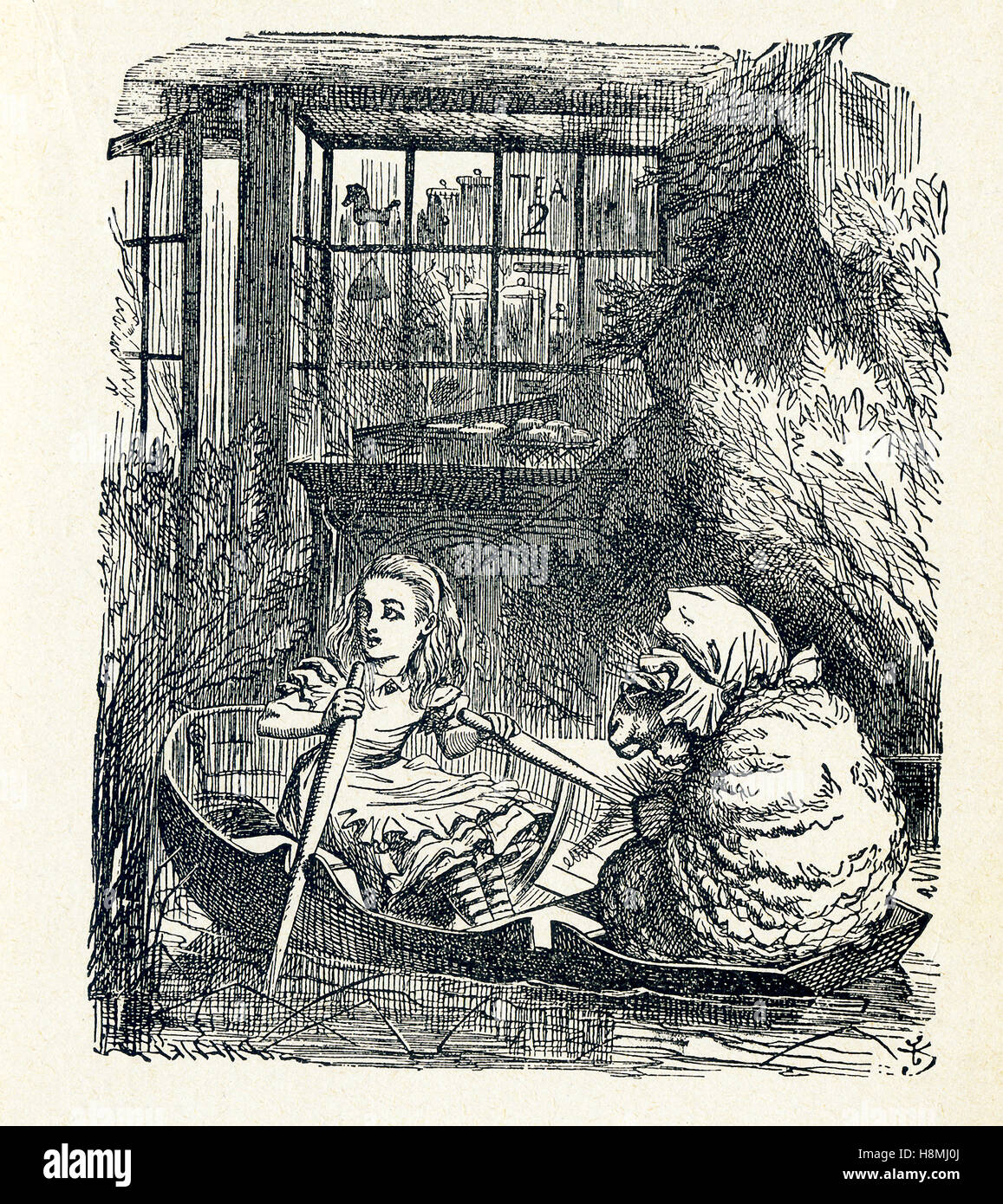 Dies ist eine Szene aus was Alice sah, einmal ging es durch den Spiegel und in den Spiegel-Raum in Carrolls "Through the Looking Glass." Hier sehen wir Alice ein Ruderboot und mit ihr ist ein Schaf, die ruhig stricken ist. Lewis Carroll (Charles Lutwidge Dodgson) schrieb den Roman "Through the Looking-Glass und was Alice fand es" im Jahre 1871 als Fortsetzung zu "Alices Abenteuer im Wunderland." Stockfoto