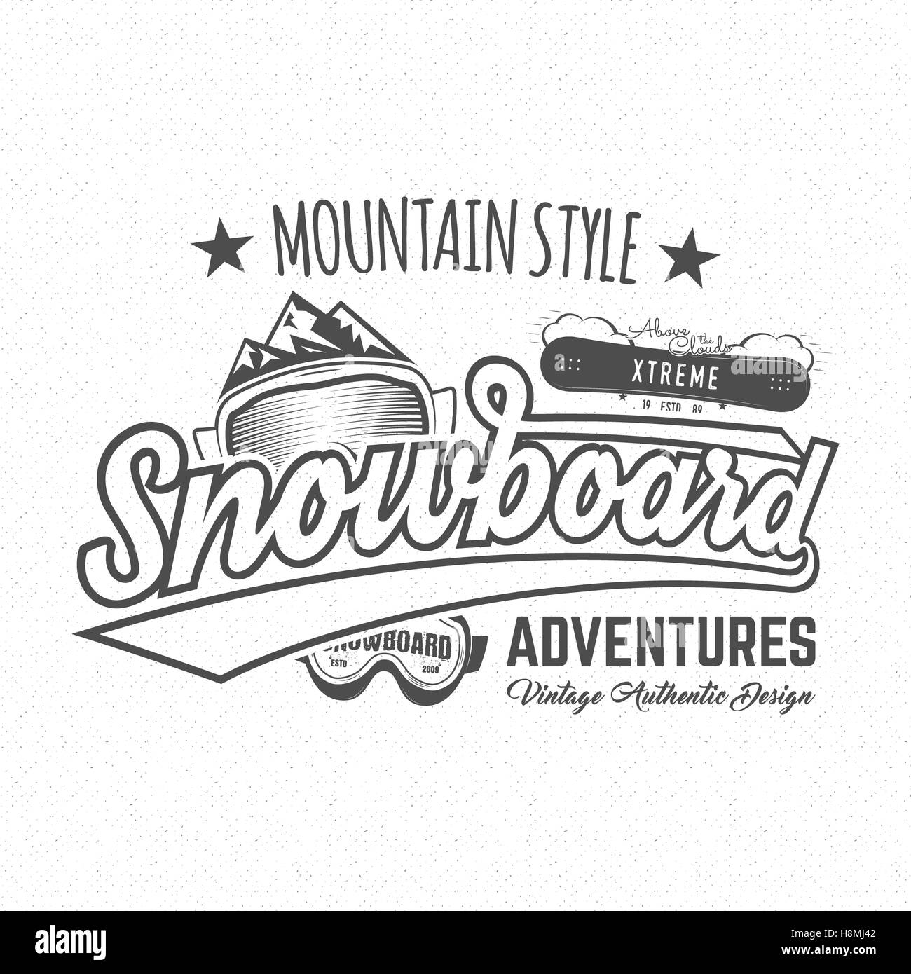 Winter Snowboard Sportlabel, T-shirt. Vintage Mountain Style Shirt-Design. Outdoor-Abenteuer Typografie und Snowboarden Graphic Tee. Hipster monochrome Insignien. Kleidung Kleidung Stockfoto