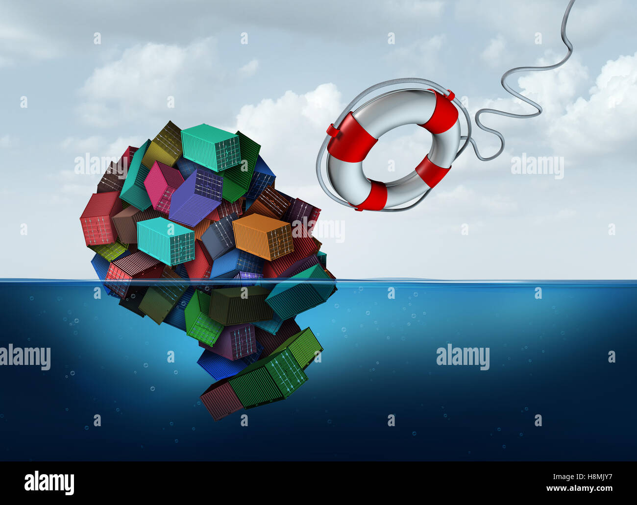 Versand und Fracht helfen als eine Gruppe von Container Fracht in Form eines menschlichen Kopfes, die mit einem Life-Saver kommt zur Rettung einer Ausfuhr im Meer ertrinken und Logistikmanagement Symbol mit 3D Abbildung Elemente zu importieren. Stockfoto