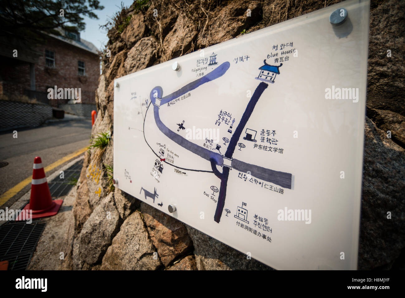 Vereinfachte Straßenkarte von Buamdong angezeigt, in der Straße, Buamdong, Seoul, Korea Stockfoto