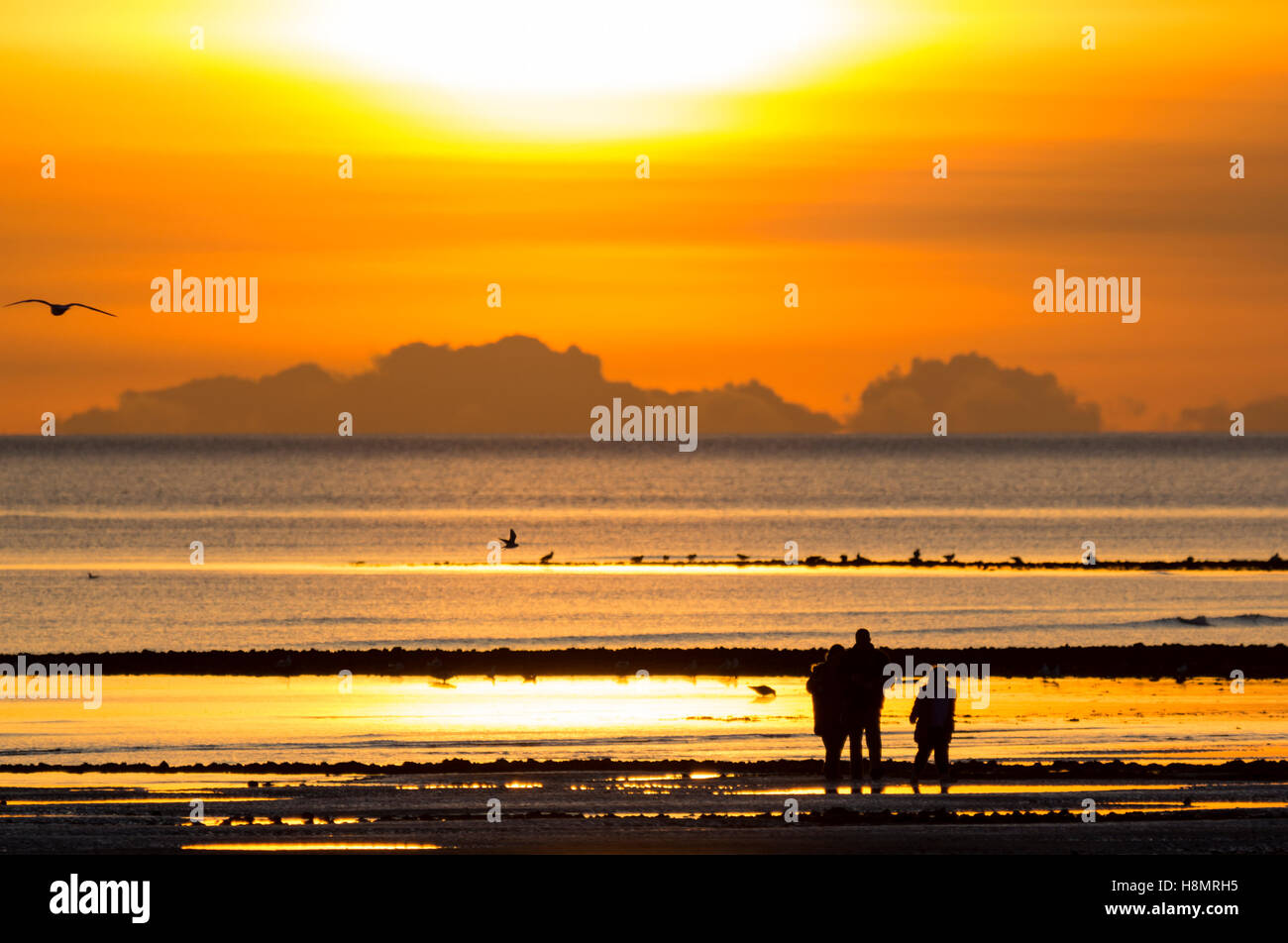 Silhouette einer Familie, die am Strand den Sonnenuntergang beobachten. Stockfoto
