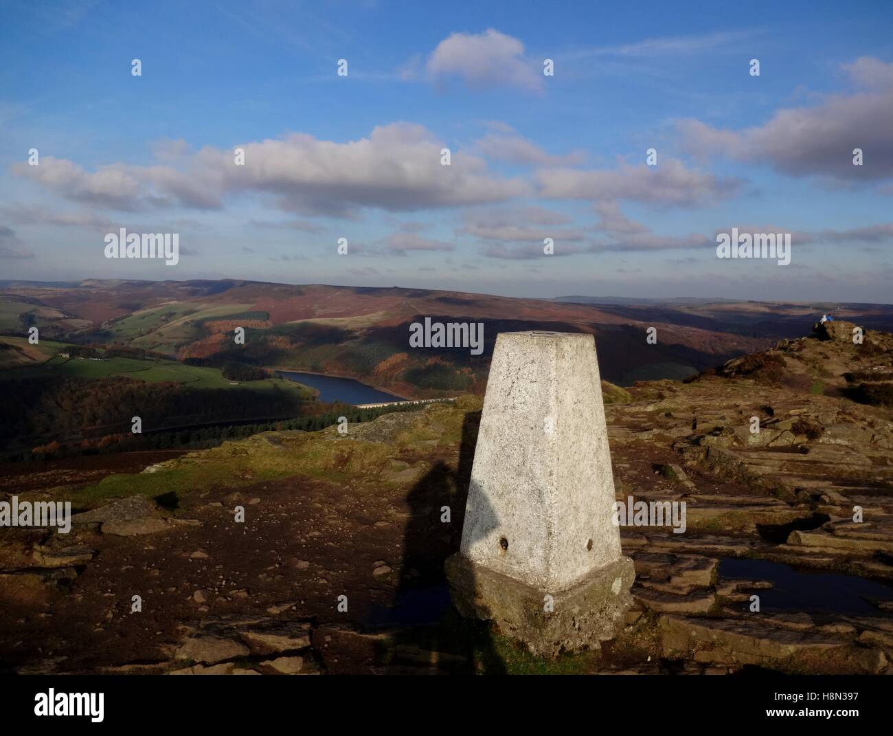 gewinnen Sie trigonometrischen Punkt Derbyshire Hügellandschaft. Stockfoto