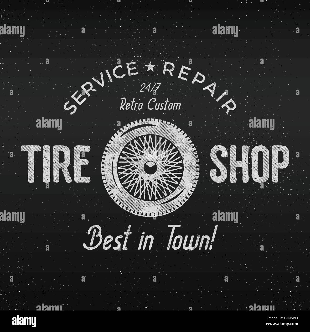 Vintage Reifen-Shop-Label-Design. Werkstatt-Reparatur-Plakat. Monochrome Retrodesign. Gut für Reifen Shop, Reparatur-Werkstatt, Oldtimer-Auktionen, Clubs, t-Shirt. Vektor Stock Vektor