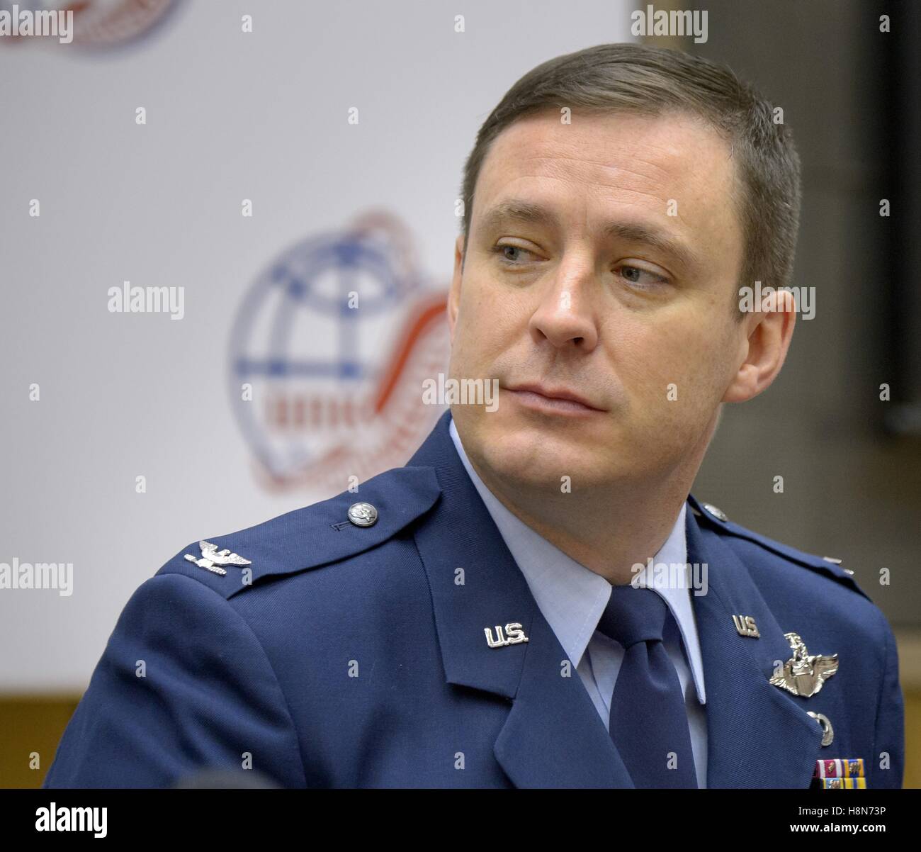 NASA internationale Raumstation Expedition 50 MS Sojus-03 backup Crew Mitglied US-amerikanischer Astronaut Jack Fischer besucht eine Crew-Pressekonferenz im Gagarin-Kosmonautentrainingszentrum 26. Oktober 2016 in Star City, Russland. Stockfoto