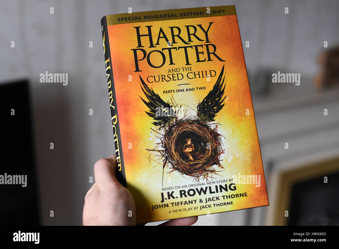 Das neue Buch Harry Potter und das verfluchte Kind, besondere Probe Edition Skript Teile 1 und zwei, findet das Buch in einem mans Hand Stockfoto