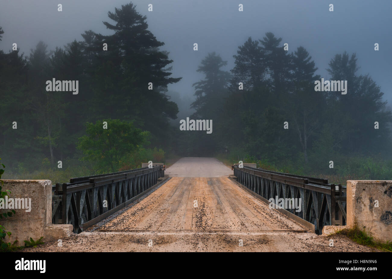 Darkemed Forstweg über Brücke über Corry See. Stockfoto