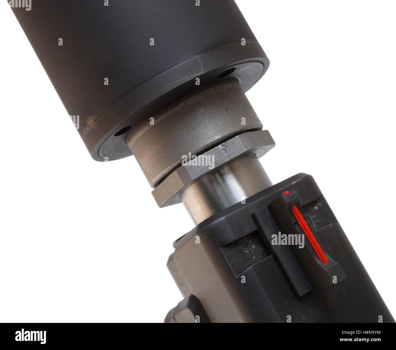 Suppressor, montiert auf einer Handfeuerwaffe isoliert auf weiss Stockfoto