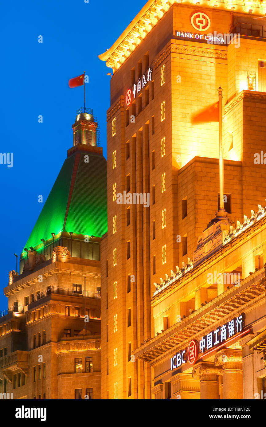 Peace Hotels und Bank of China entlang der Bund, Shanghai Stockfoto