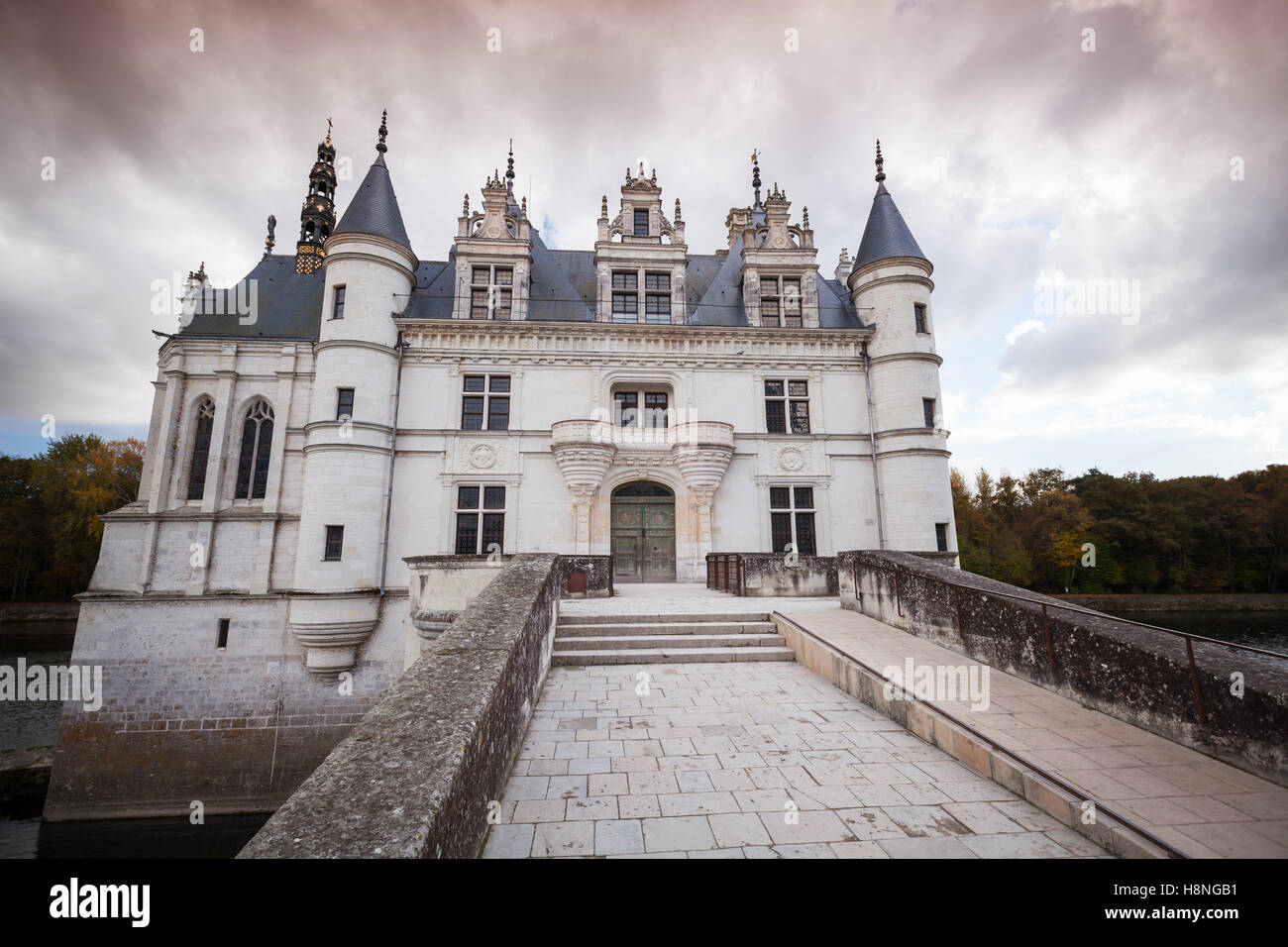 Die Chateau de Chenonceau Fassade, mittelalterliche französische Schloss im Loire-Tal, Frankreich. Es entstand im 15. / 16. Jahrhundert, ein architectura Stockfoto