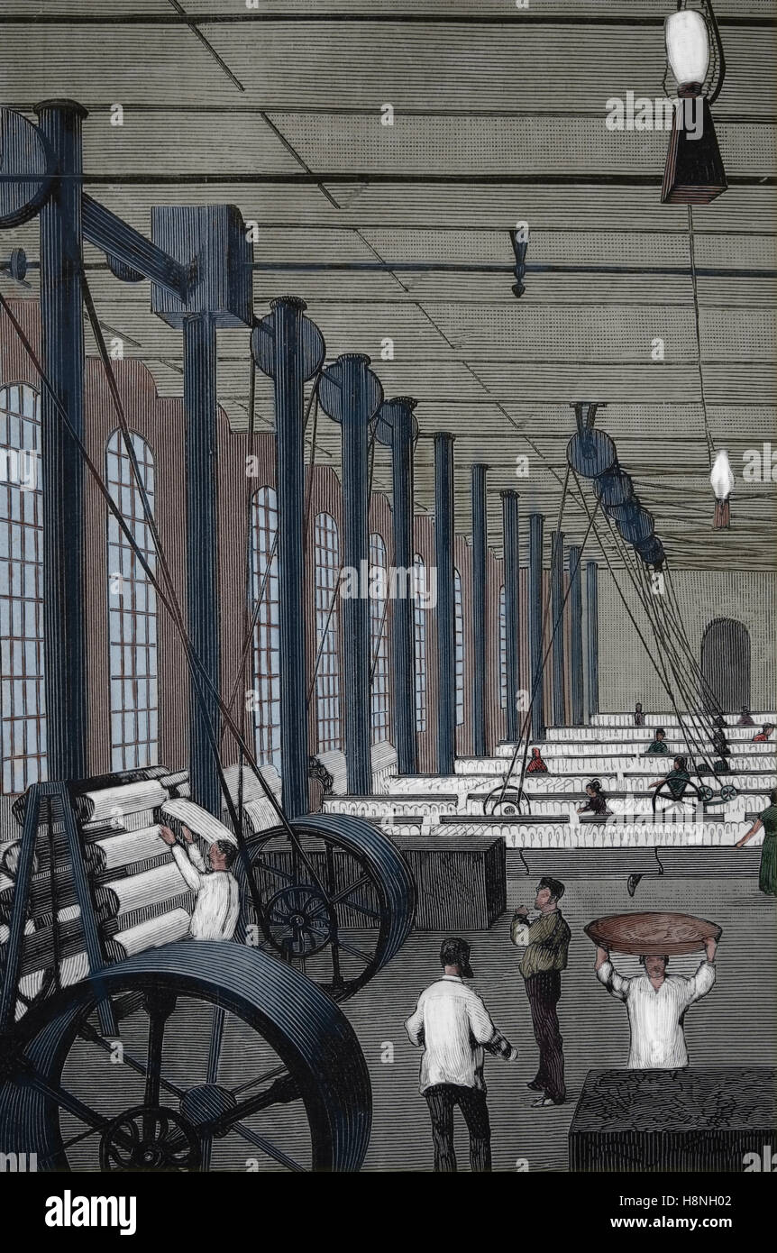 Abschnitt-Garne. Innenraum. Sert und Sola Brüder Fabrik. Barcelona, Spanien. Zeichnung von Antonio Regalt. 1888, Farbe. Stockfoto