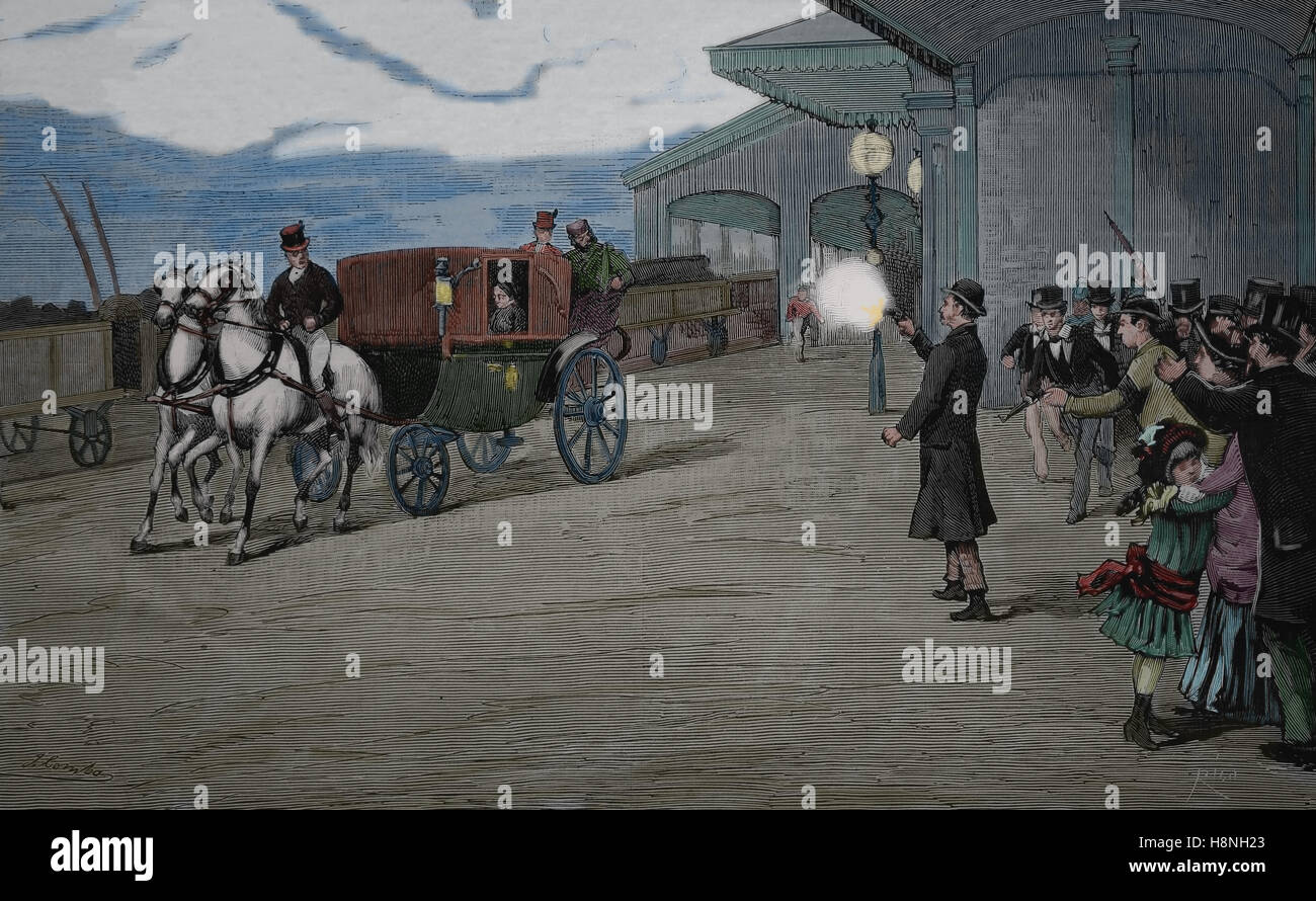Königin Victoria, war ihr Wagen an der Windsor Station eingeben, wenn sie von Roderick Maclean gefeuert wurde. 1882. Gravur, 1882. Stockfoto