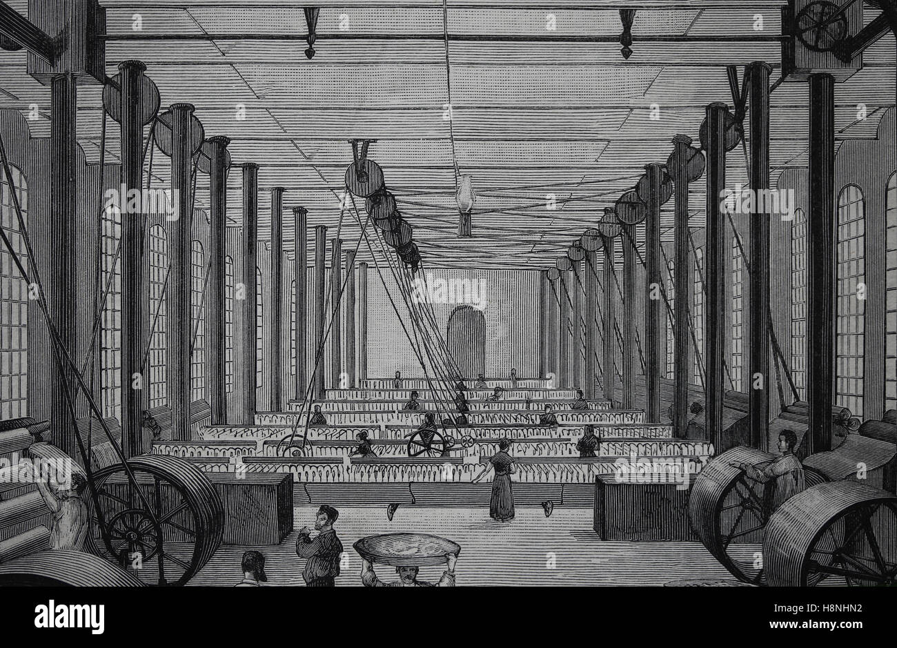 Abschnitt-Garne. Innenraum. Sert und Sola Brüder Fabrik. Barcelona, Spanien. Zeichnung von Antonio Regalt, 1882 Stockfoto