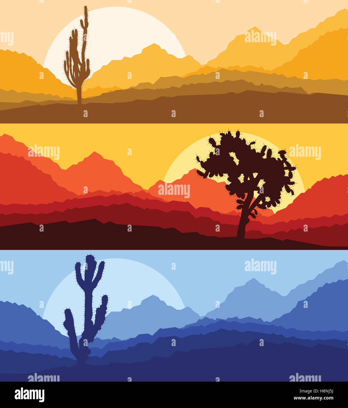 Kaktus Wüstenlandschaft Vektor Hintergrund set mit Sonnenaufgang und Sonnenuntergang Stock Vektor