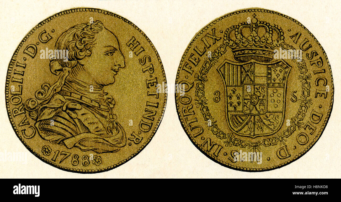 Eine 1788 spanische Goldmünze 8-Doubloon oder acht Stück, zeigt den Kopf des spanischen Königs Charles III, 1716 – 1788. Stockfoto