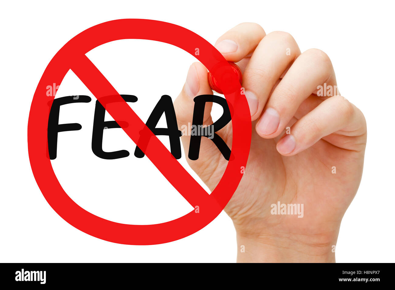 Handzeichnung Angst Verbot Schild Konzept mit Filzstift auf transparente wischen. Stockfoto