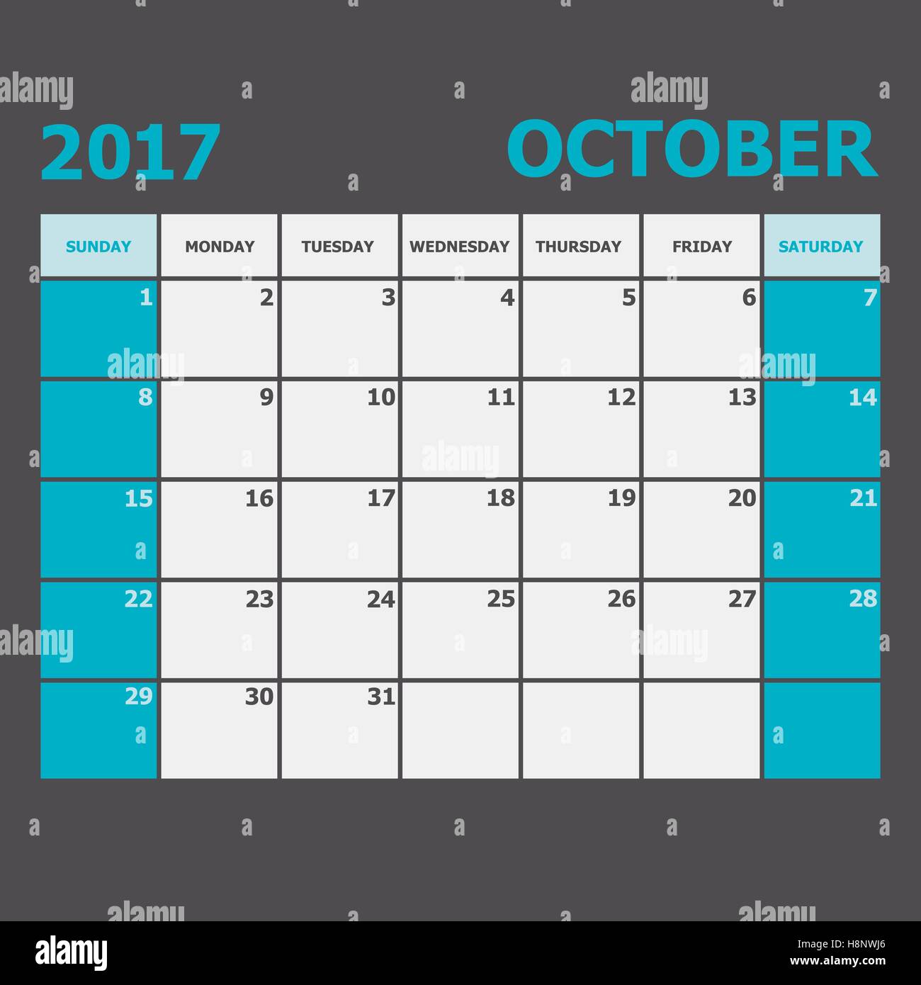 Oktober 2017 Kalender Woche beginnt am Sonntag, Lager Vektor Stock Vektor