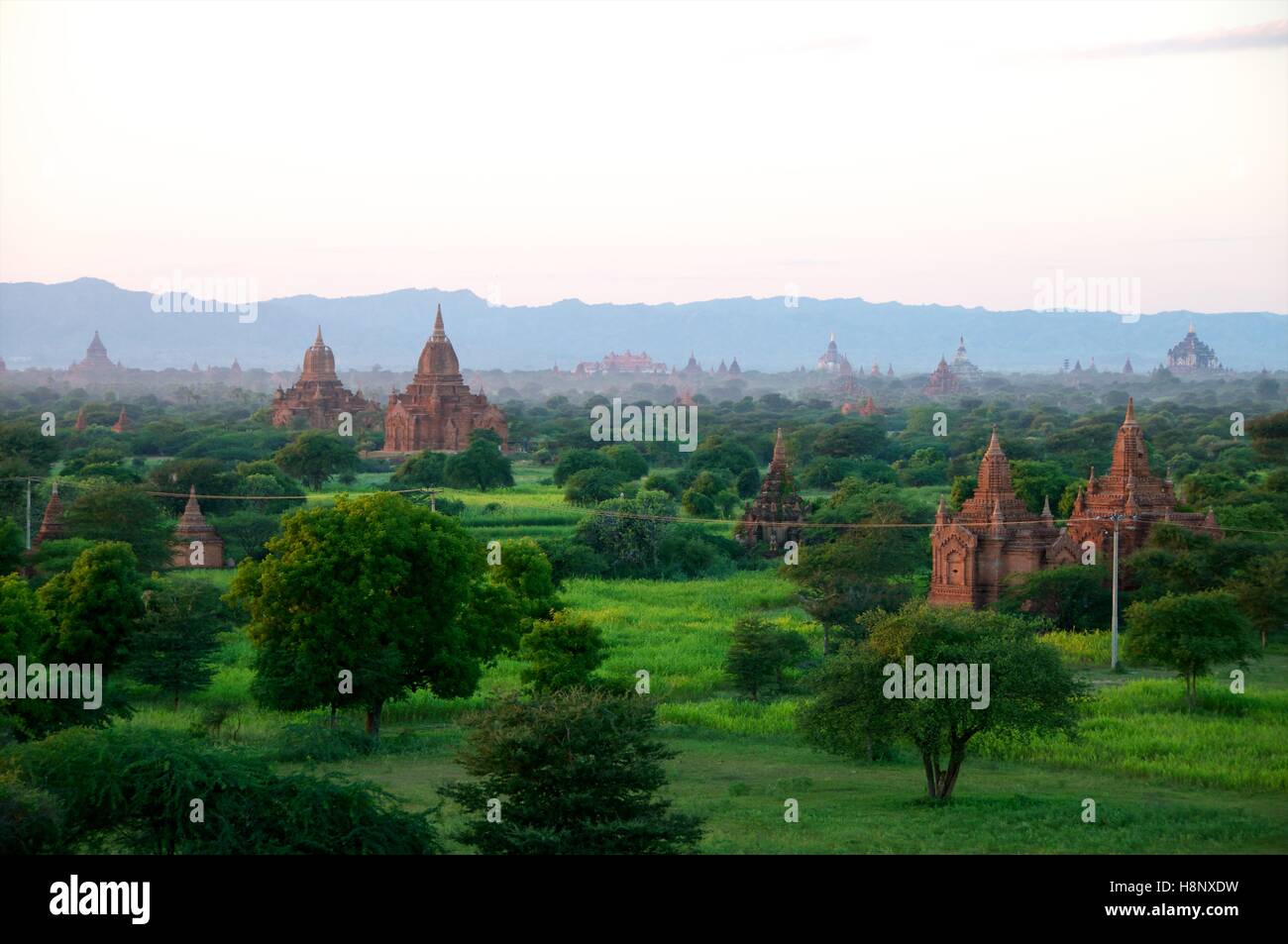 Die Ebene bei Bagan, Myanmar, ist mit Tausenden von Pagoden besetzt. Stockfoto