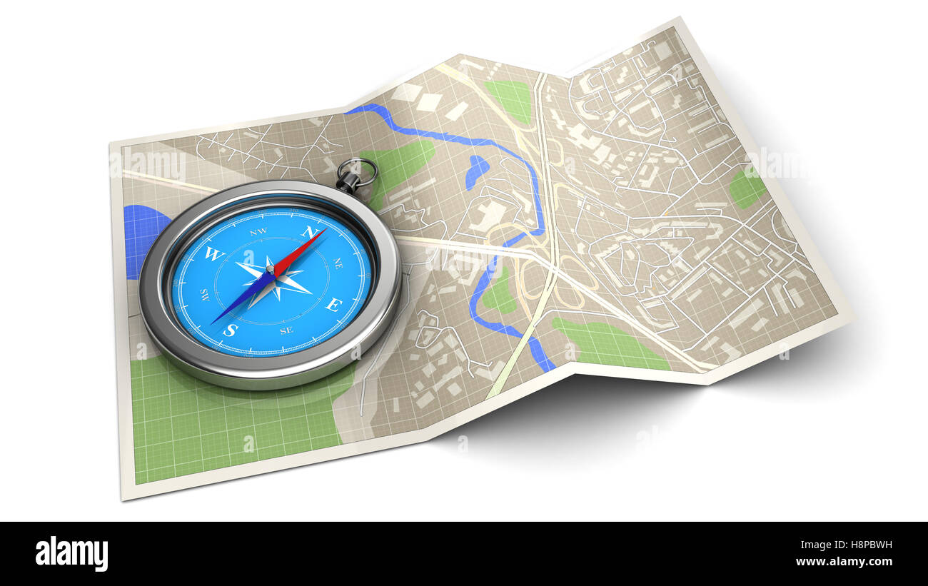 3D Darstellung der Karte mit Kompass - Navigationskonzept oder das Symbol Stockfoto