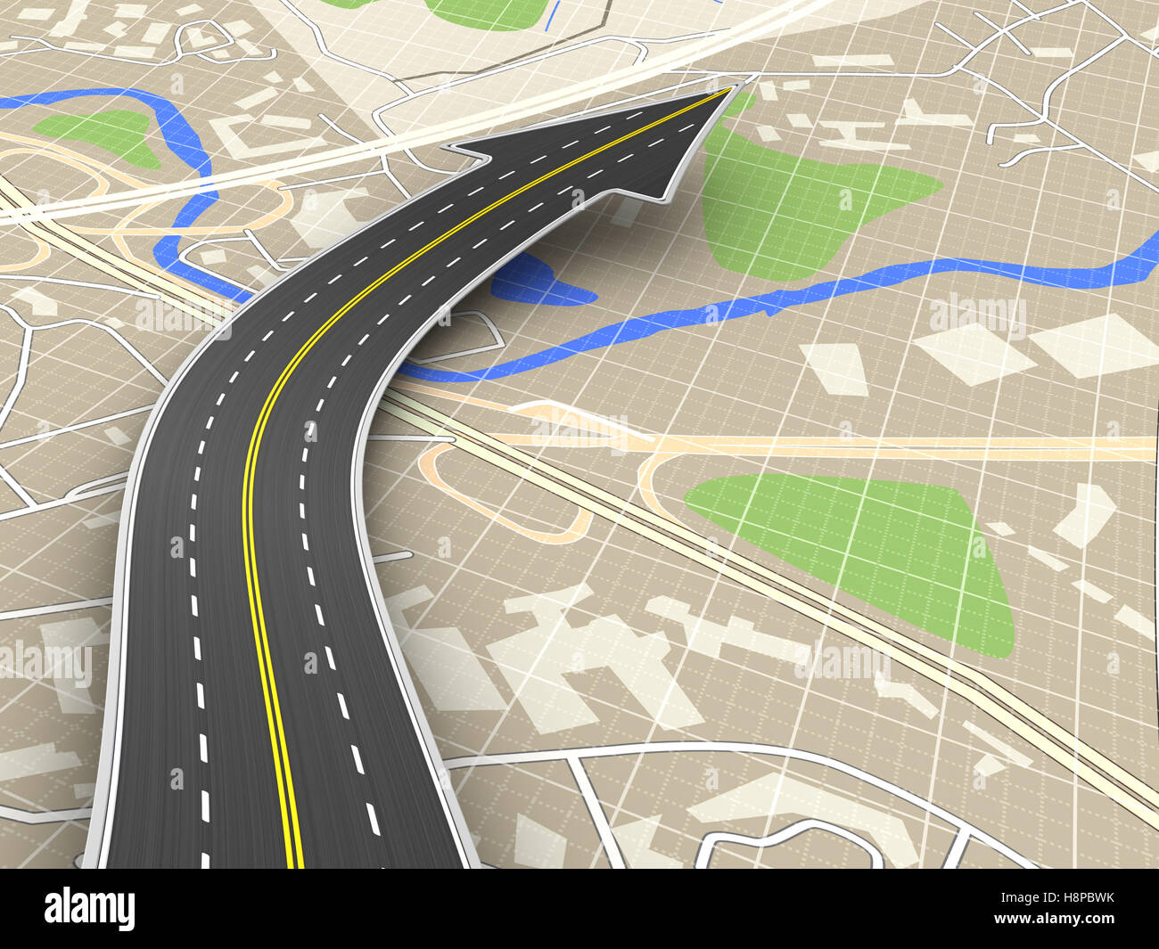 3D Darstellung der Straße mit Pfeil-Symbol über Karte Stockfoto