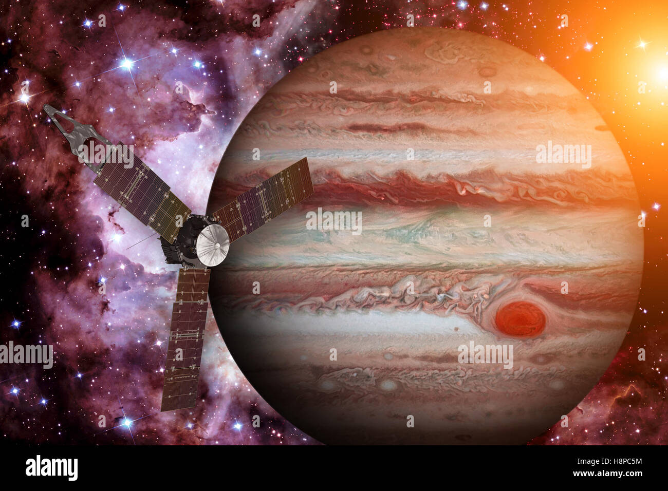Raumsonde Juno und Jupiter. Stockfoto