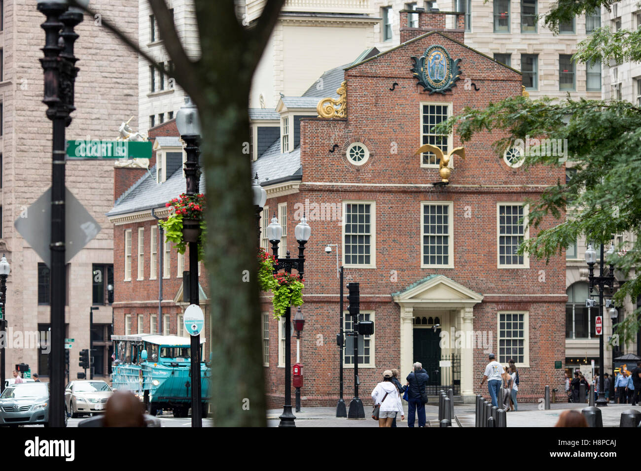 Das Old State House - ein historisches Gebäude in Boston, Massachusetts, USA an der Kreuzung von Washington und State Street. Stockfoto