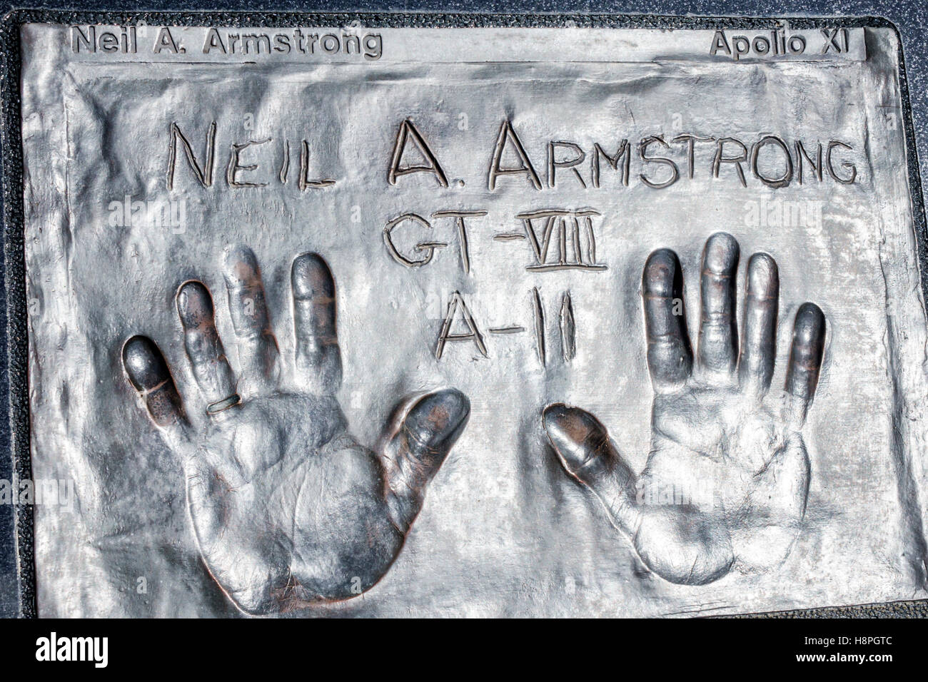 Space View Park, Gedenkstätte, Astronauten, Neil Armstrong, Handpalmendrucke, FL161025083 Stockfoto