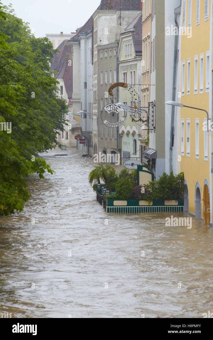 Enns-Hochwasser in Steyr, Oberösterreich, Österreich Stockfoto