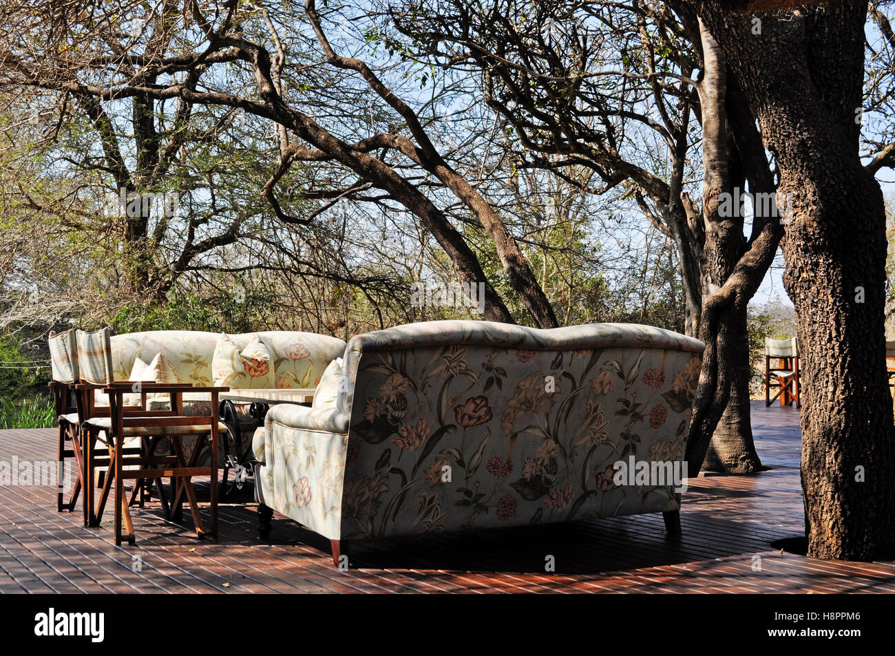 Safari in Südafrika: eingerichtet Sofas für Entspannung im Ngala Private Game Reserve, eine luxuriöse Safari Lodge im Krüger National Park Stockfoto