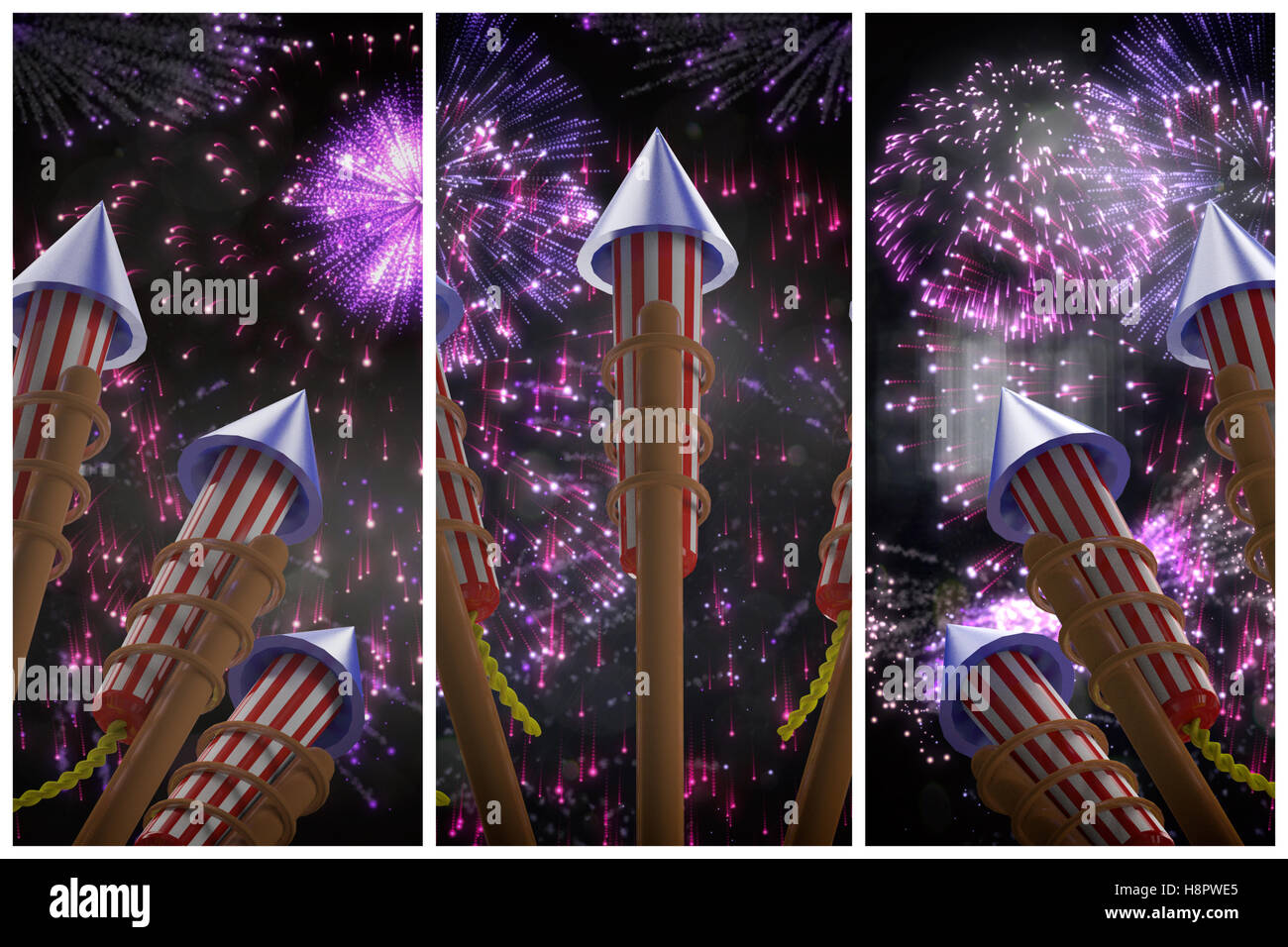 Zusammengesetztes Bild von Raketen für Feuerwerk Stockfoto