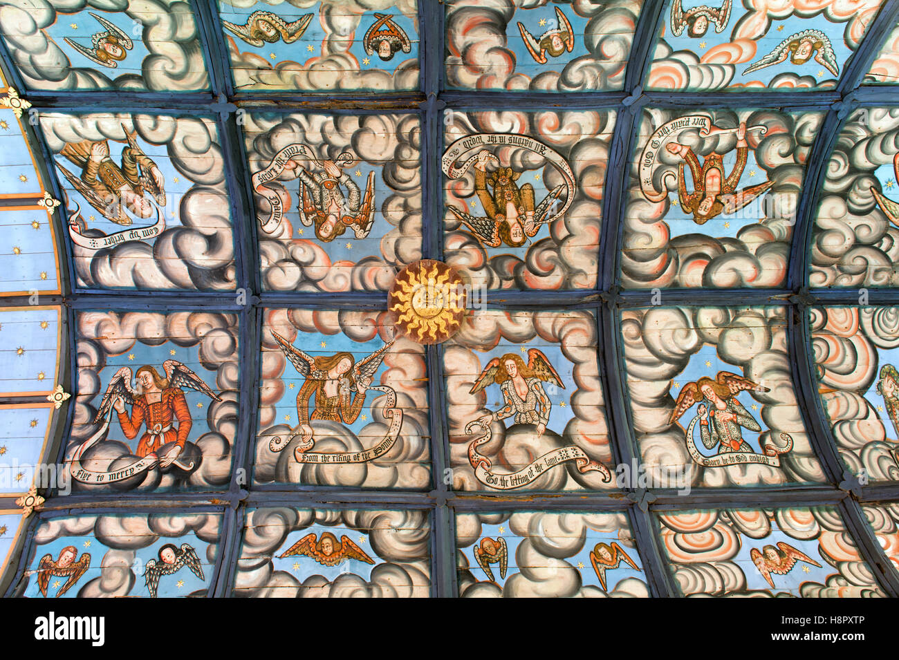 Jacobean bemalte Decke in der Pfarrei St. Peter und Paul Kirche. Muchelney, Somerset, England Stockfoto