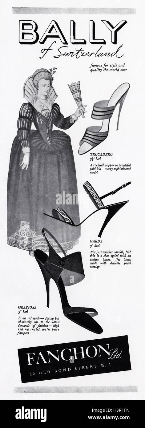 1950 Werbung Werbung von original alten Vintage 50s englische Magazin datiert 1953 Werbung für Damen Schuhe von Bally der Schweiz durch Fanchon Ltd von Old Bond Street London England Großbritannien verkauft Stockfoto