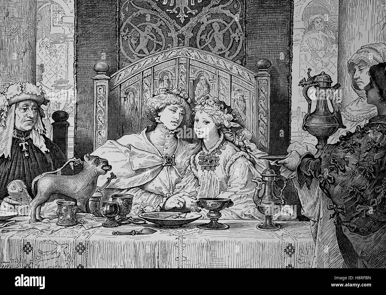 Bridal Mahlzeit in einer Adelsfamilie im Mittelalter Stockfoto