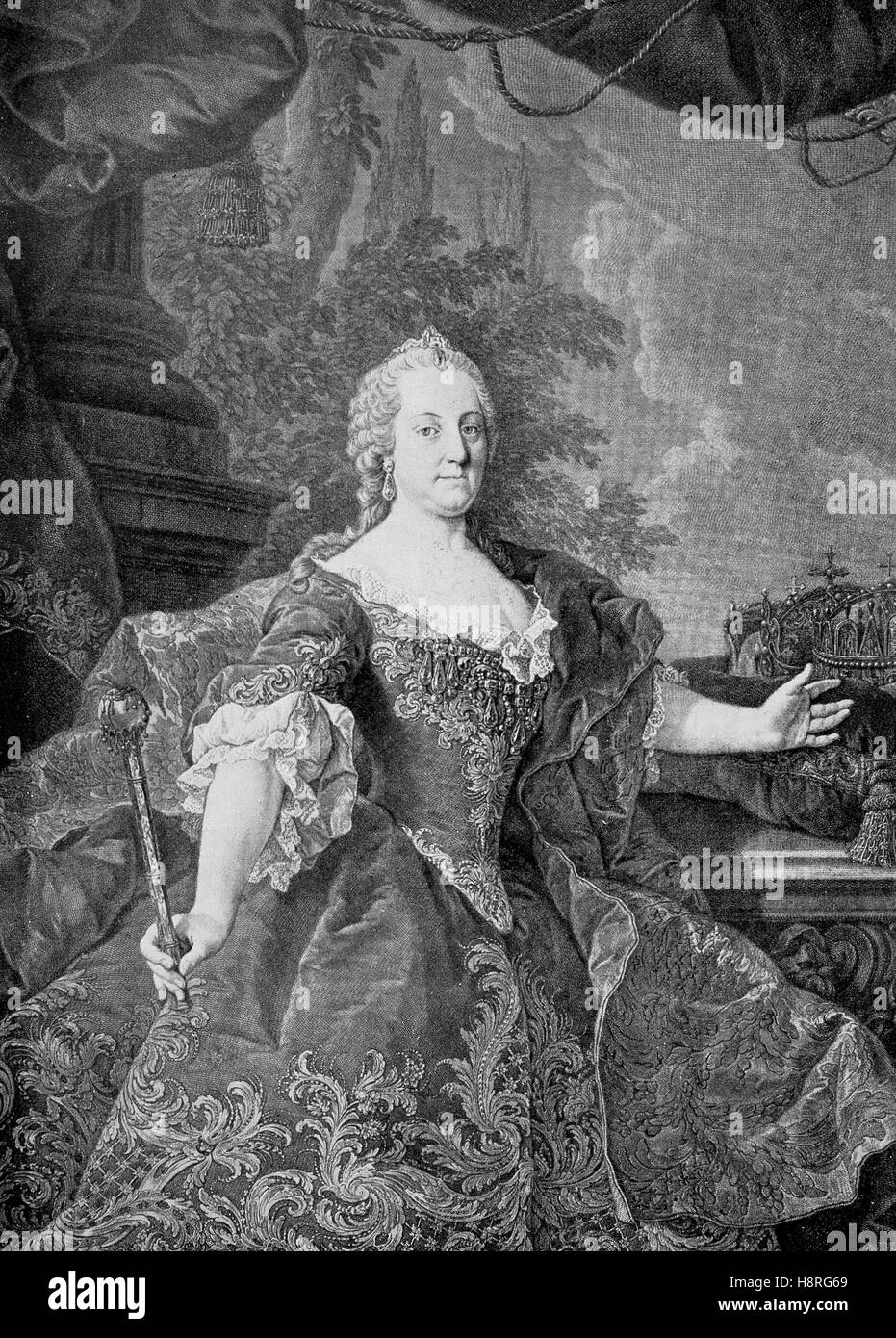 Maria Theresia Walburga Amalia Christina, Maria Theresia, war der einzige weibliche Herrscher der habsburgischen Besitzungen und der letzte aus dem Haus Habsburg. Sie war der Herrscher von Österreich, Ungarn, Kroatien, Böhmen, Siebenbürgen, Mantua, Milan, Lodomerien und Galizien, Österreich Niederlande/RDR und Parma Stockfoto
