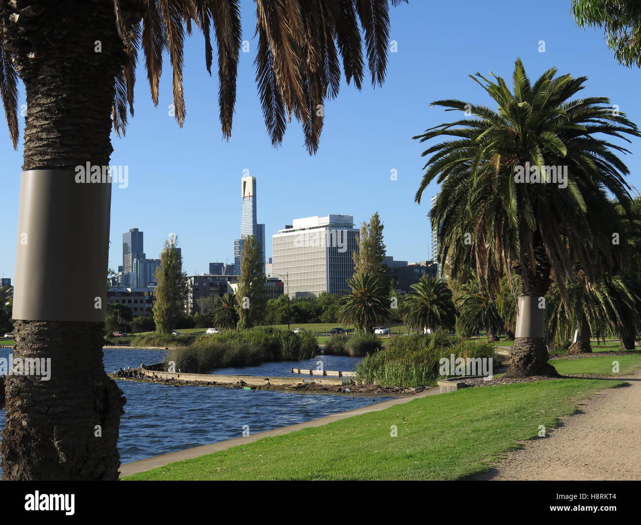 Blick auf die Stadt von Melbourne, Australien, Blick über den See im Albert Park. Stockfoto