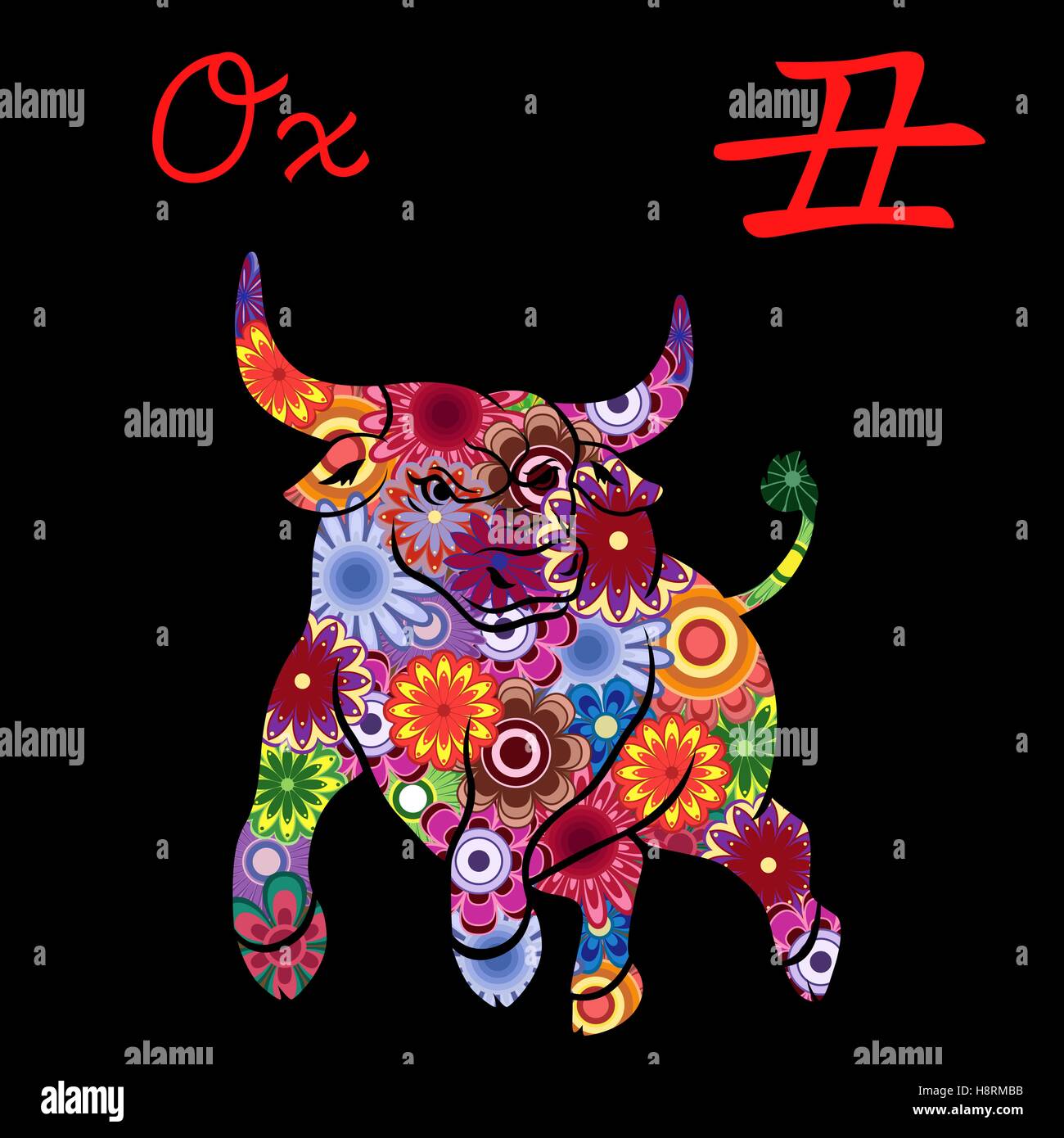 Chinesische Tierkreis Zeichen Ox, feste Element Erde, Symbol des neuen Jahres auf dem östlichen Kalender hand gezeichnete Vektor-Schablone mit bunten Stock Vektor