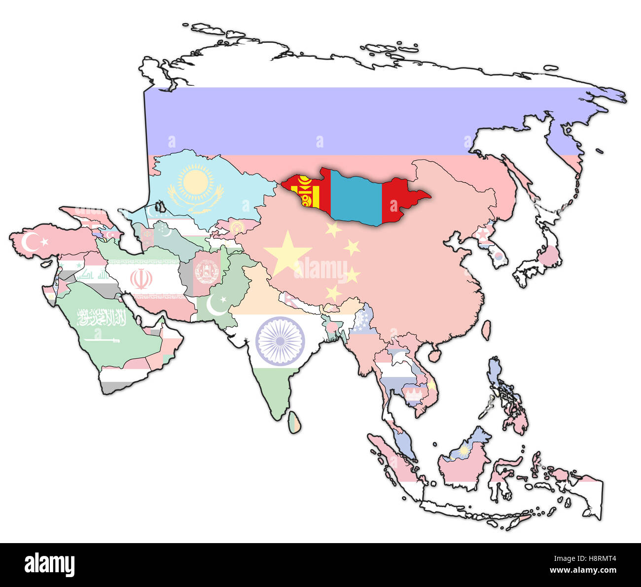 alte politische Karte von Asien mit Flagge der Mongolei Stockfotografie ...