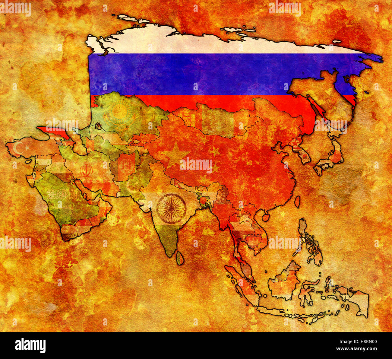 alte politische Karte von Asien mit Flagge von Russland Stockfotografie - Alamy