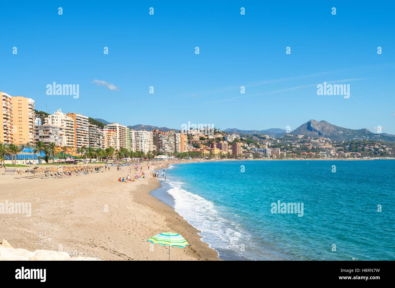 Der Strand Malagueta in Malaga. Andalusien, Spanien Stockfoto