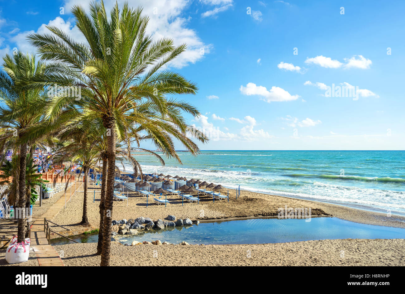 Benalmadena Strand. Malaga, Andalusien, Spanien Stockfoto