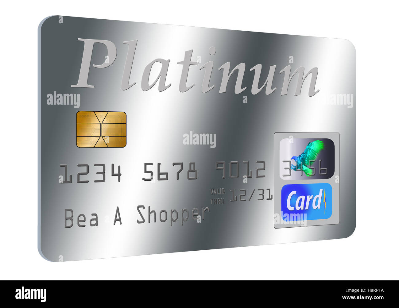 Dies ist eine Platin Kreditkarte, generische, isoliert auf weiss mit einem Hologramm Sicherheitsmerkmal Stockfoto
