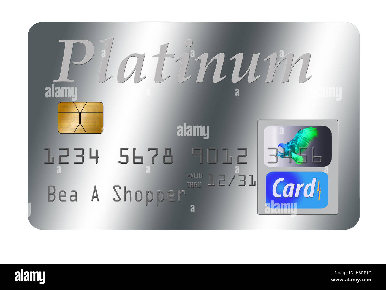 Dies ist eine Platin Kreditkarte, generische, isoliert auf weiss mit einem Hologramm Sicherheitsmerkmal Stockfoto