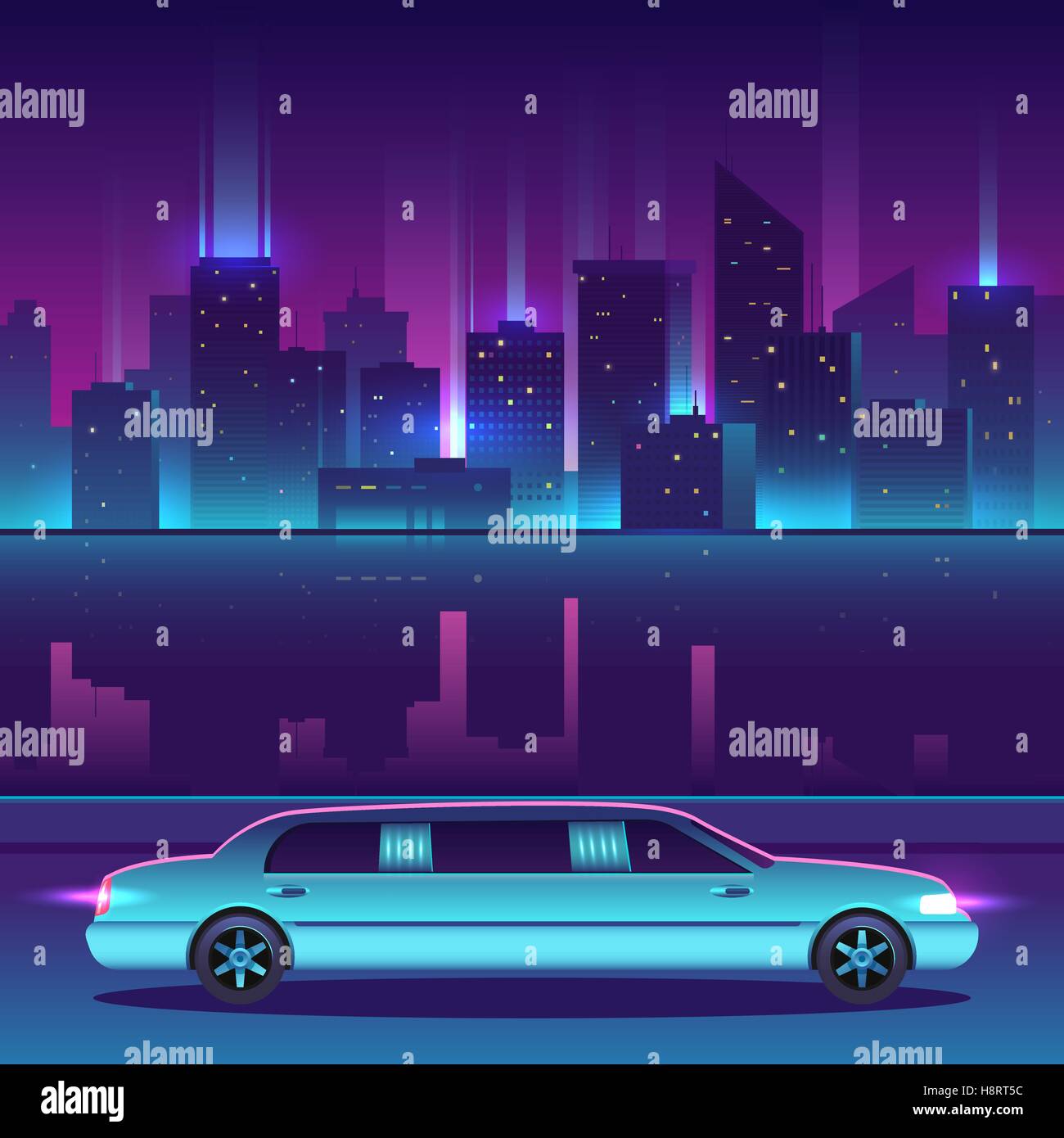 Limousine-Vektor vor Nacht Stadt Stadtlandschaft, Luxus-Metropole-Konzept. VIP-Auto und Stadt spiegelt sich in den Fluss. Vie Stock Vektor